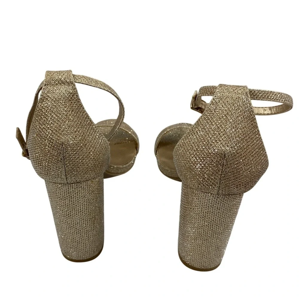 Womens Gold Glitter Ankle Strap Block Heels Size 8 Open Toe Sandals Party Shoes